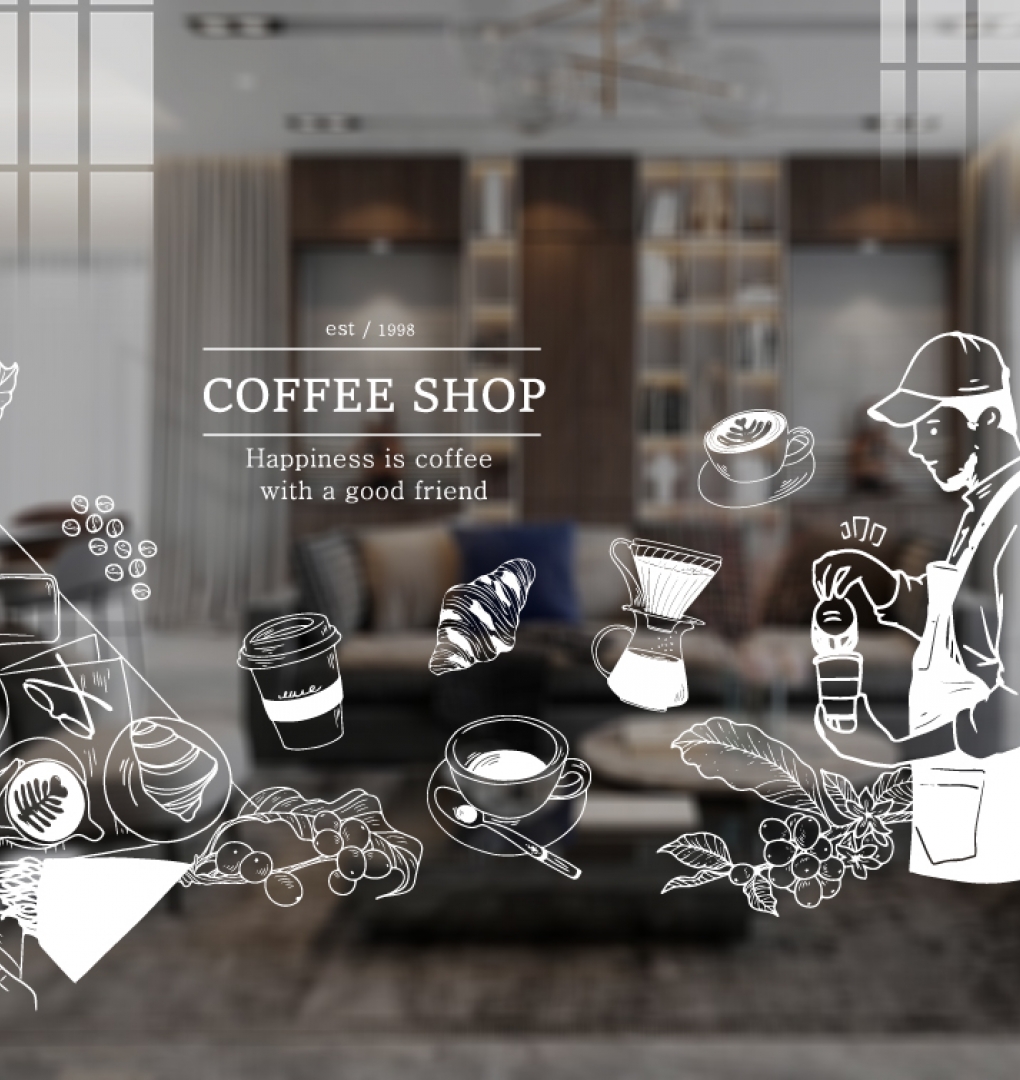 Decal dán kính nghệ thuật 3d cho quán cafe glass198