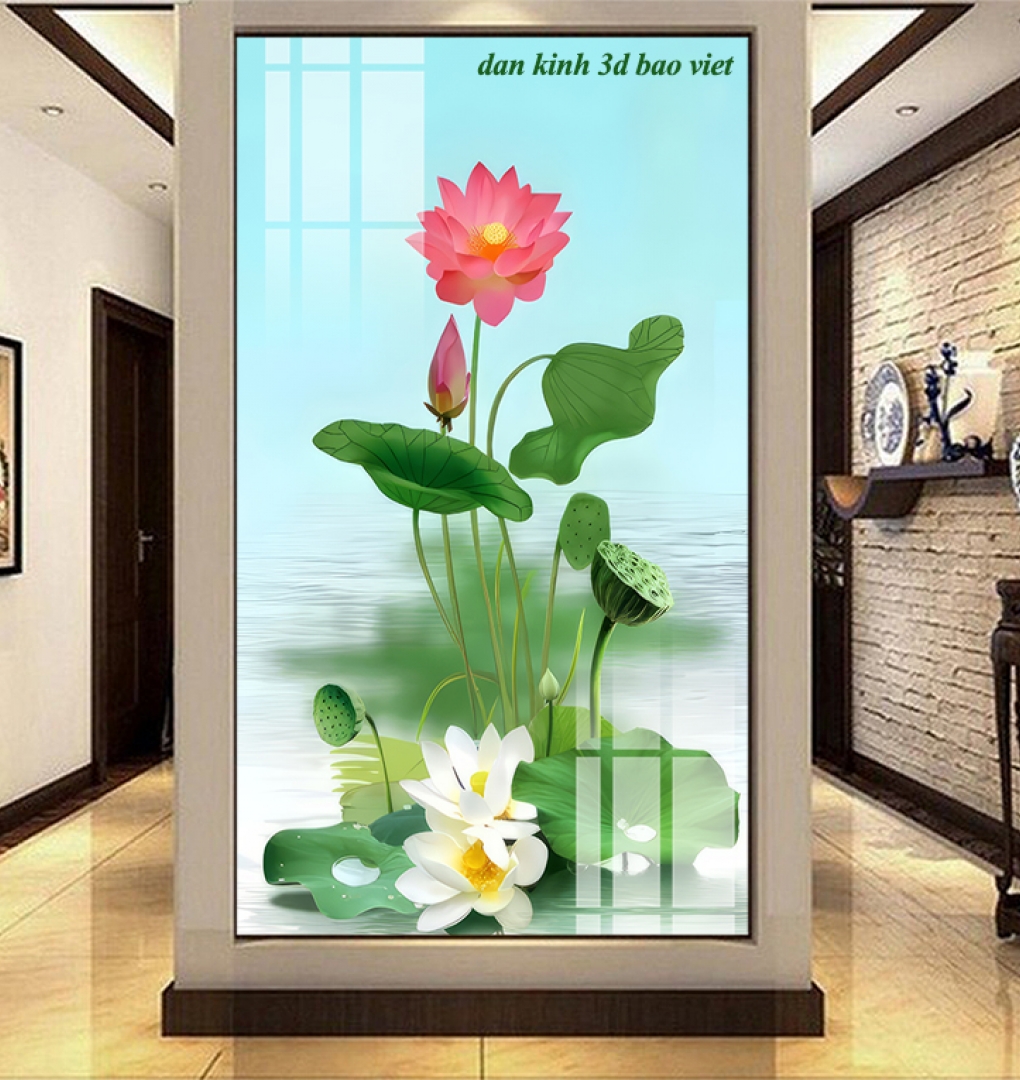 Tranh dán kính 3d 2 mặt hoa sen k625