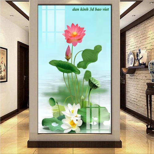 Tranh dán kính 3d 2 mặt hoa sen k625