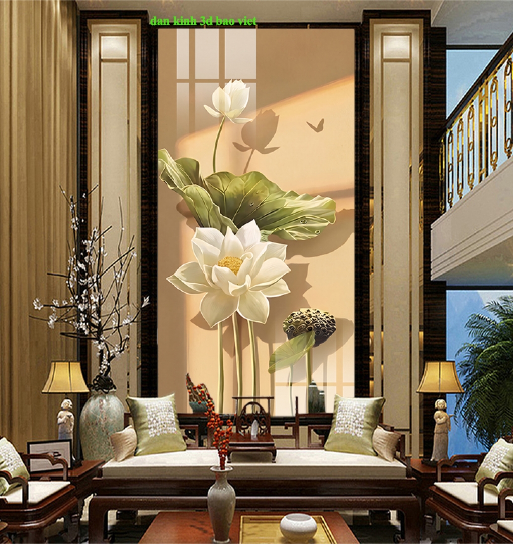 Tranh dán kính 3d 2 mặt hoa sen k626