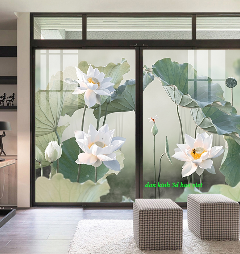 Tranh dán kính 3d 2 mặt hoa sen h397