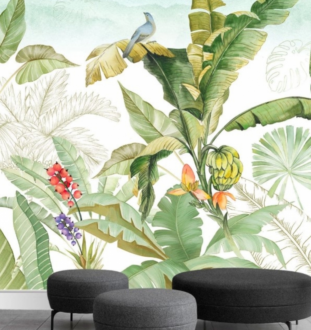 Wallpaper living room green leaves v135