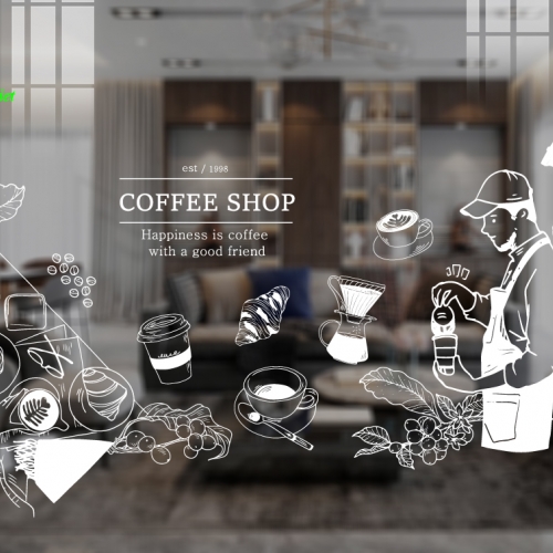 Decal dán kính nghệ thuật 3d cho quán cafe glass198