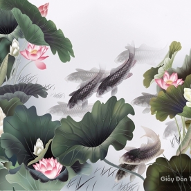 Giấy dán tường 3d hoa sen cá chép 001