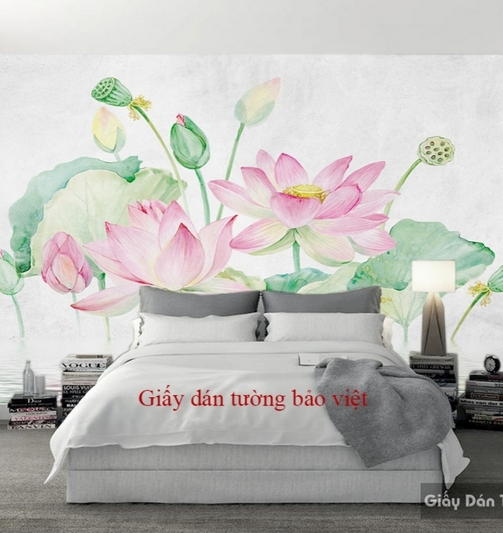 Giấy dán tường hoa sen cho phòng ngủ H107