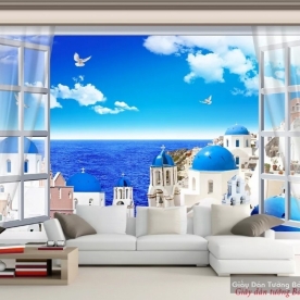 Tranh dán tường cửa sổ cảnh biển 3d v061