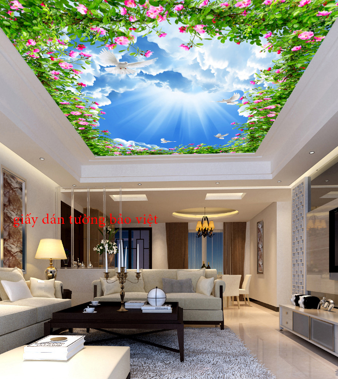 Dán trần nhà 3D với hình ảnh cây xanh - Báo giá dán trần nhà