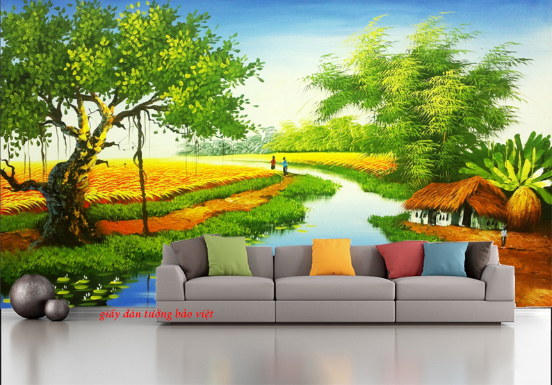 Giấy dán tường phòng khách hình ảnh phong cảnh đồng quê Việt nam
